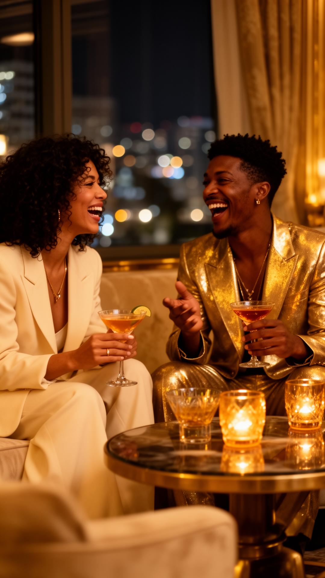 Two stylish guests laughing over cocktails in a luxury lounge