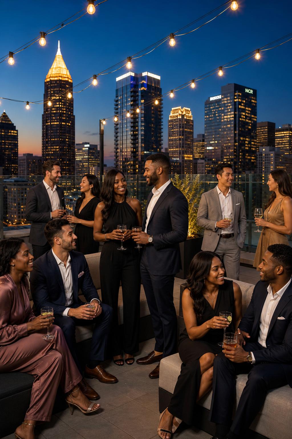 DJ booth at upscale rooftop party with Atlanta skyline behind