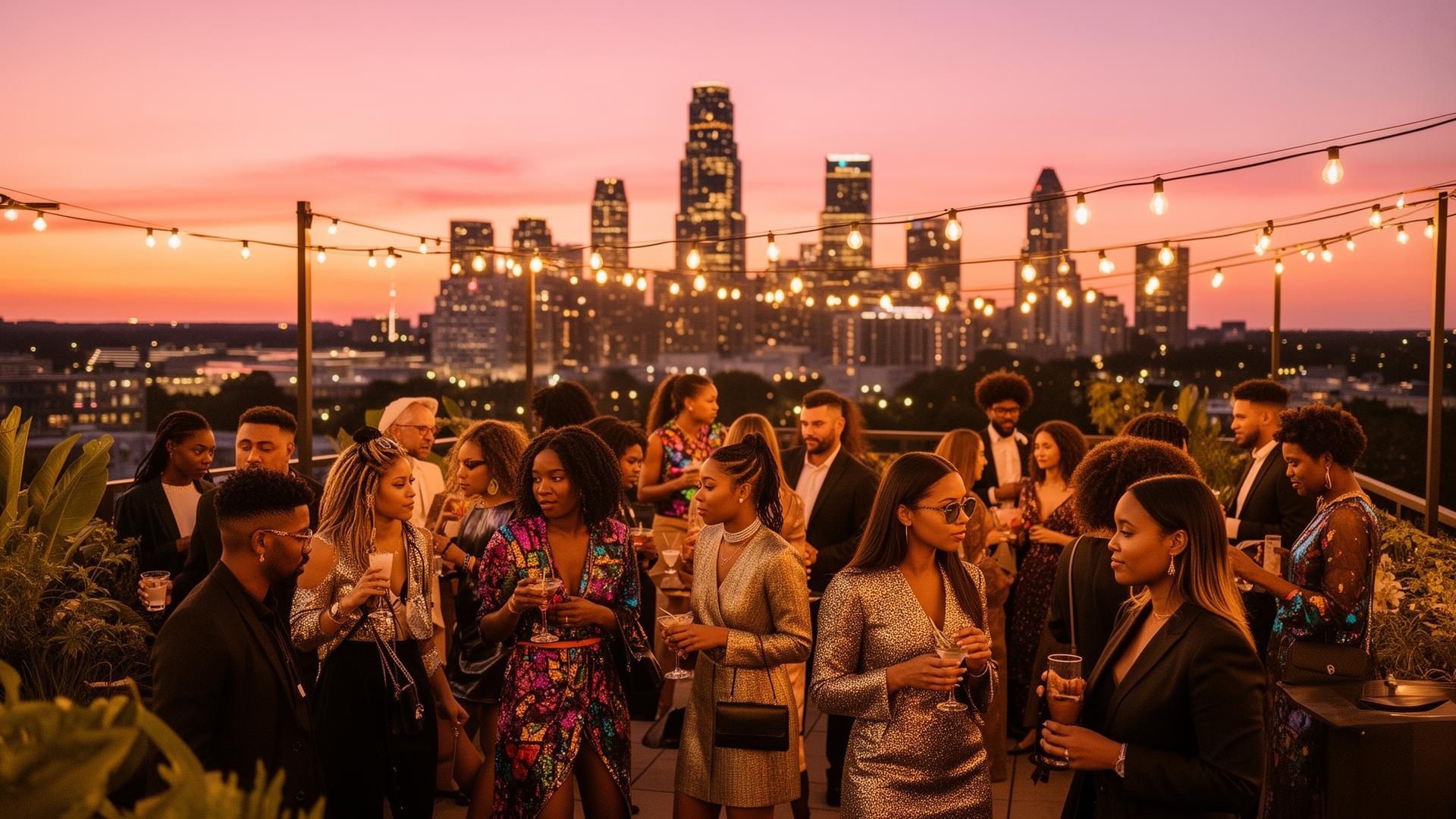 Rooftop gathering overlooking the Atlanta skyline at sunset