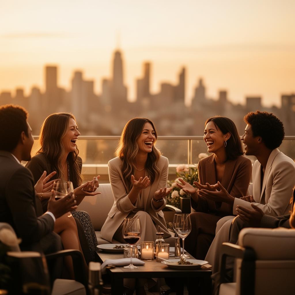 Group of people having meaningful conversation at a rooftop social